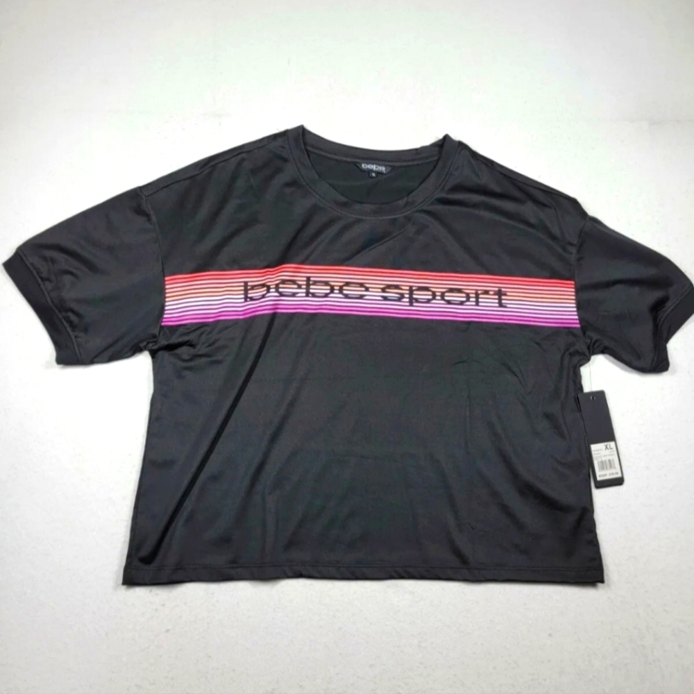 BEBE Sport Logo Cropped Shirt XL Black Polyester Spandex New